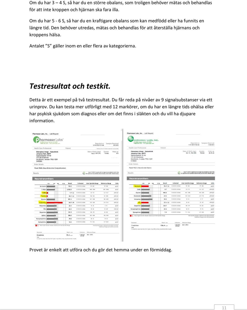 Antalet S gäller inom en eller flera av kategorierna. Testresultat och testkit. Detta är ett exempel på två testresultat. Du får reda på nivåer av 9 signalsubstanser via ett urinprov.