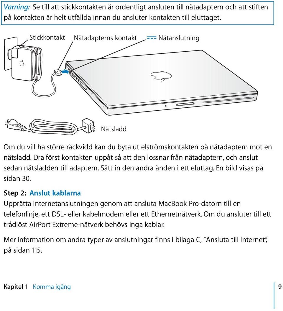 Dra först kontakten uppåt så att den lossnar från nätadaptern, och anslut sedan nätsladden till adaptern. Sätt in den andra änden i ett eluttag. En bild visas på sidan 30.