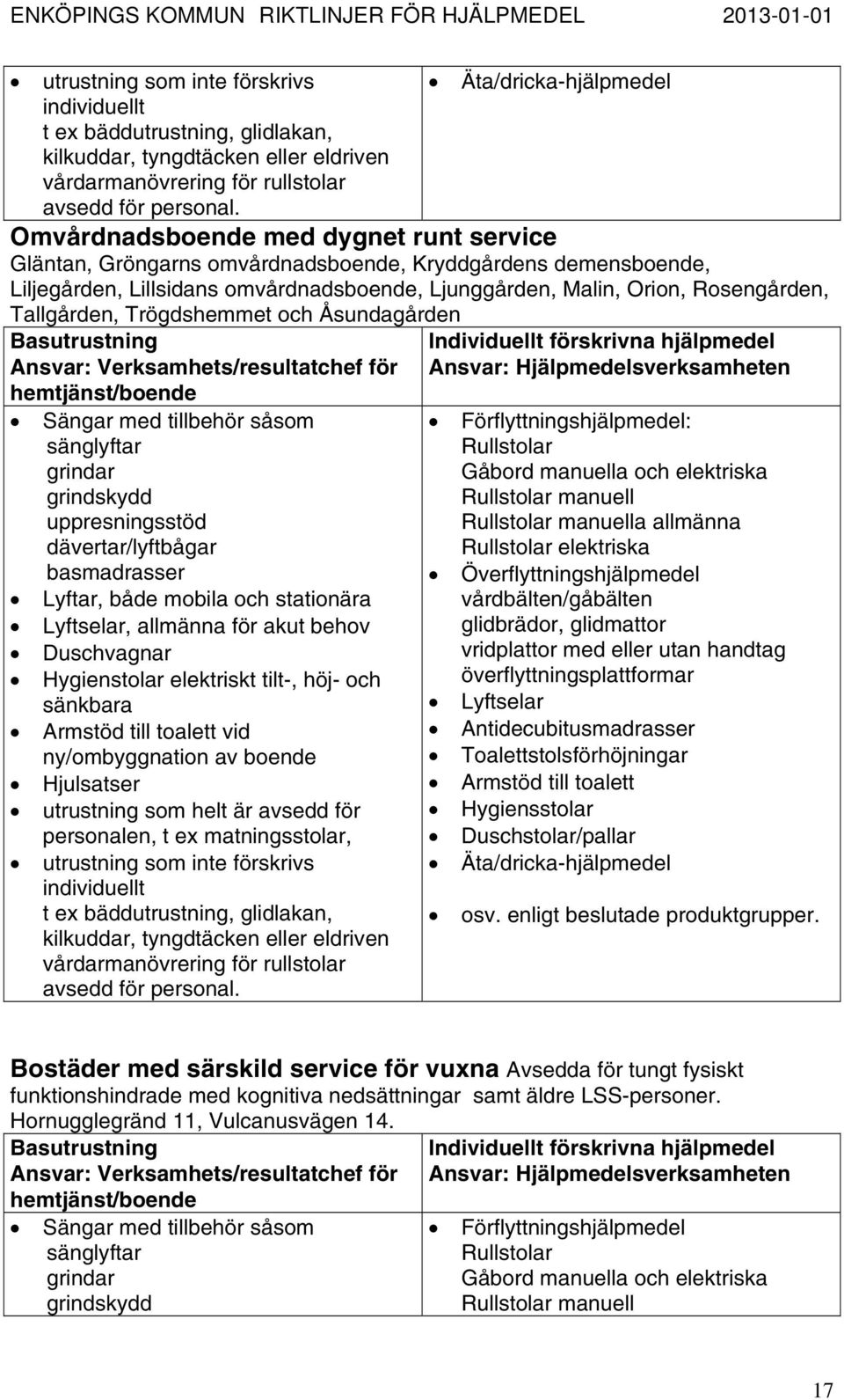 Trögdshemmet och Åsundagården Basutrustning Ansvar: Verksamhets/resultatchef för hemtjänst/boende Sängar med tillbehör såsom sänglyftar grindar grindskydd uppresningsstöd dävertar/lyftbågar