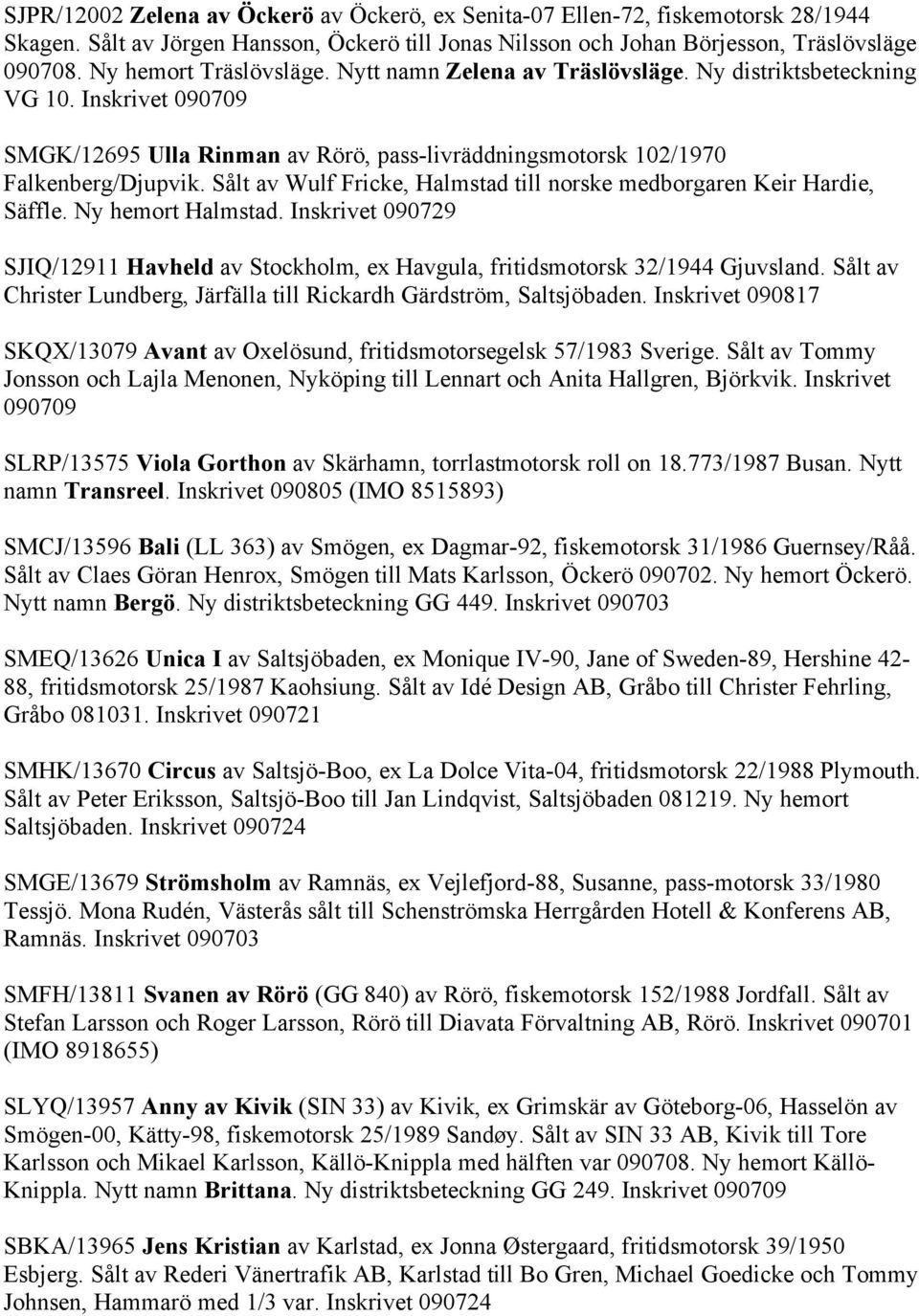 Sålt av Wulf Fricke, Halmstad till norske medborgaren Keir Hardie, Säffle. Ny hemort Halmstad. Inskrivet 090729 SJIQ/12911 Havheld av Stockholm, ex Havgula, fritidsmotorsk 32/1944 Gjuvsland.