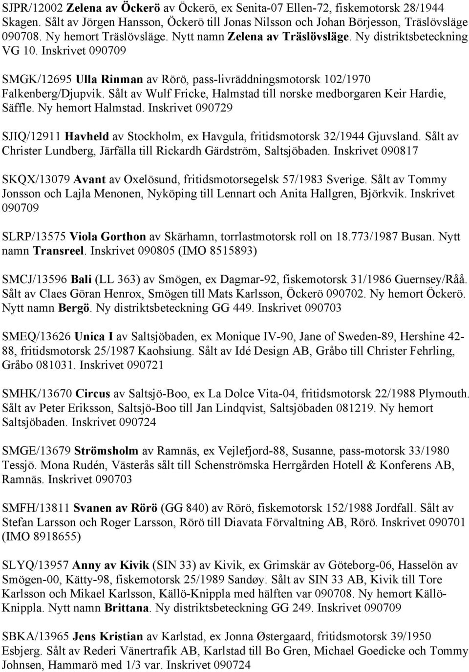 Sålt av Wulf Fricke, Halmstad till norske medborgaren Keir Hardie, Säffle. Ny hemort Halmstad. Inskrivet 090729 SJIQ/12911 Havheld av Stockholm, ex Havgula, fritidsmotorsk 32/1944 Gjuvsland.