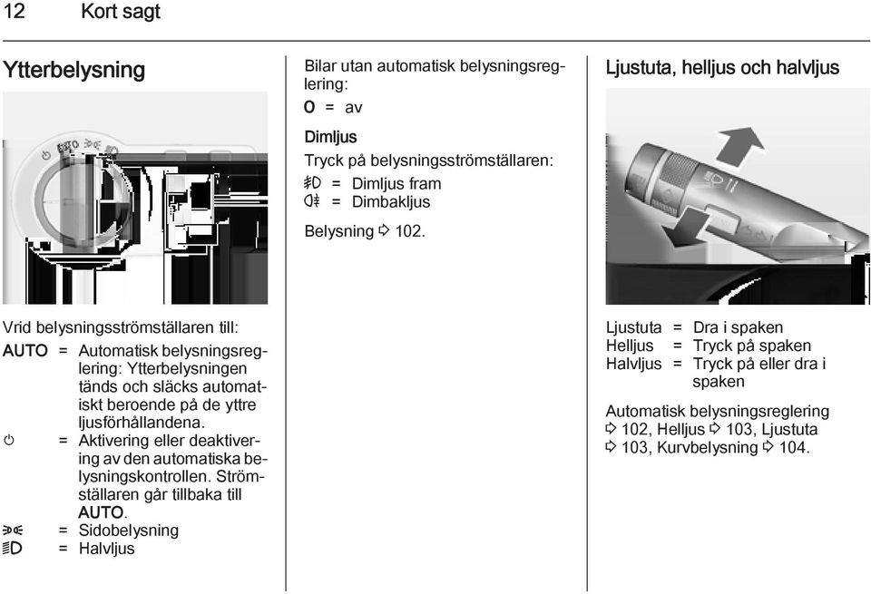 yttre ljusförhållandena. m = Aktivering eller deaktivering av den automatiska belysningskontrollen. Strömställaren går tillbaka till AUTO.