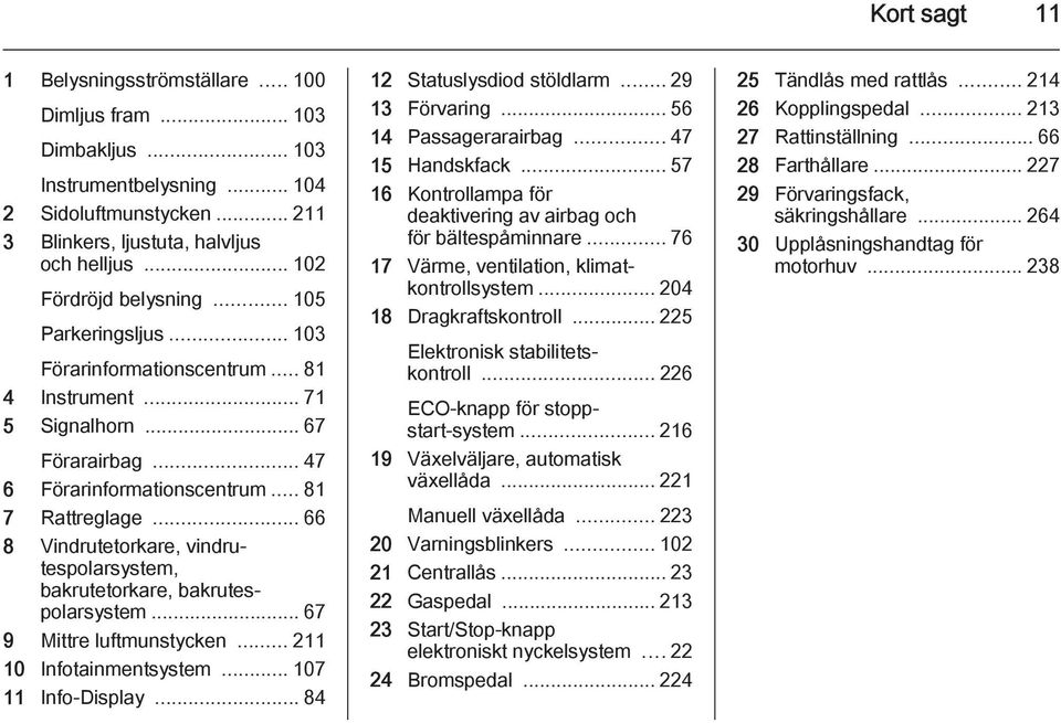 .. 66 8 Vindrutetorkare, vindrutespolarsystem, bakrutetorkare, bakrutespolarsystem... 67 9 Mittre luftmunstycken... 211 10 Infotainmentsystem... 107 11 Info-Display... 84 12 Statuslysdiod stöldlarm.