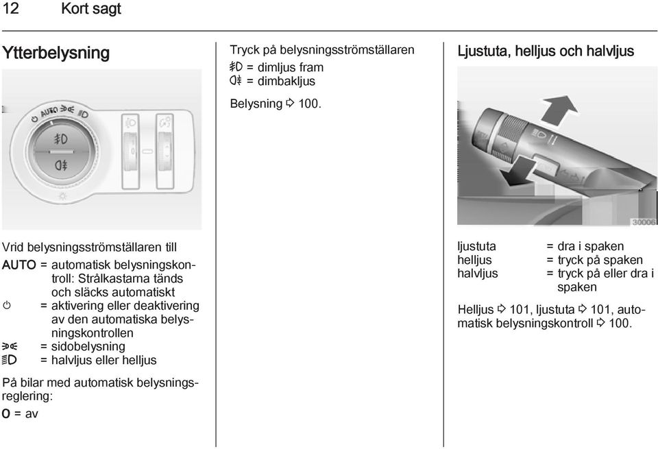 m = aktivering eller deaktivering av den automatiska belysningskontrollen 8 = sidobelysning 9 = halvljus eller helljus På bilar med automatisk