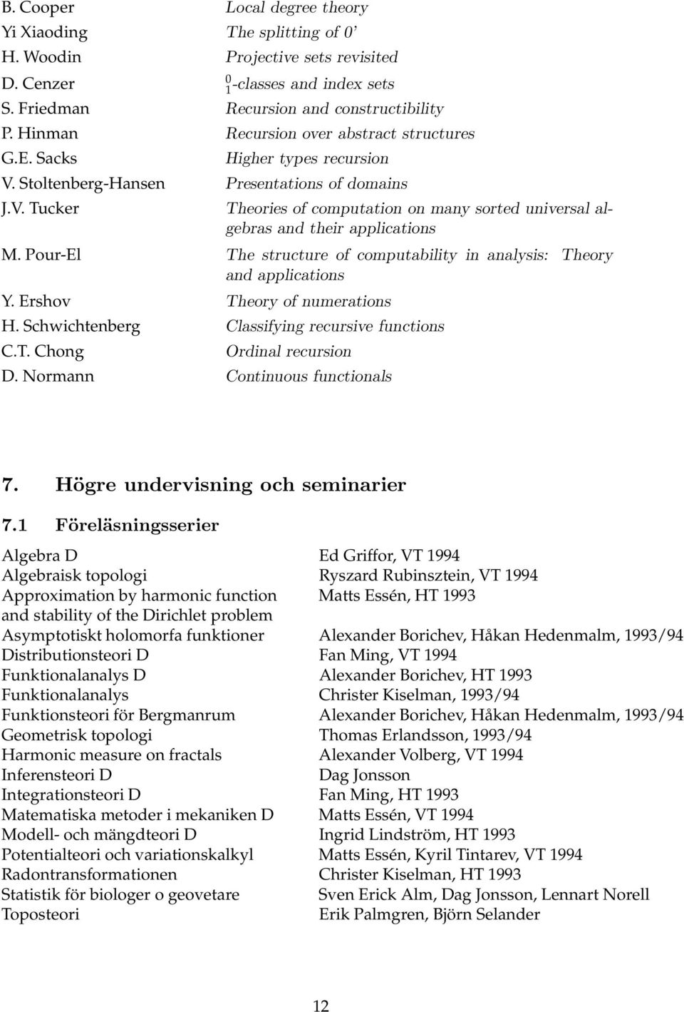 Pour-El The structure of computability in analysis: Theory and applications Y. Ershov Theory of numerations H. Schwichtenberg Classifying recursive functions C.T. Chong Ordinal recursion D.