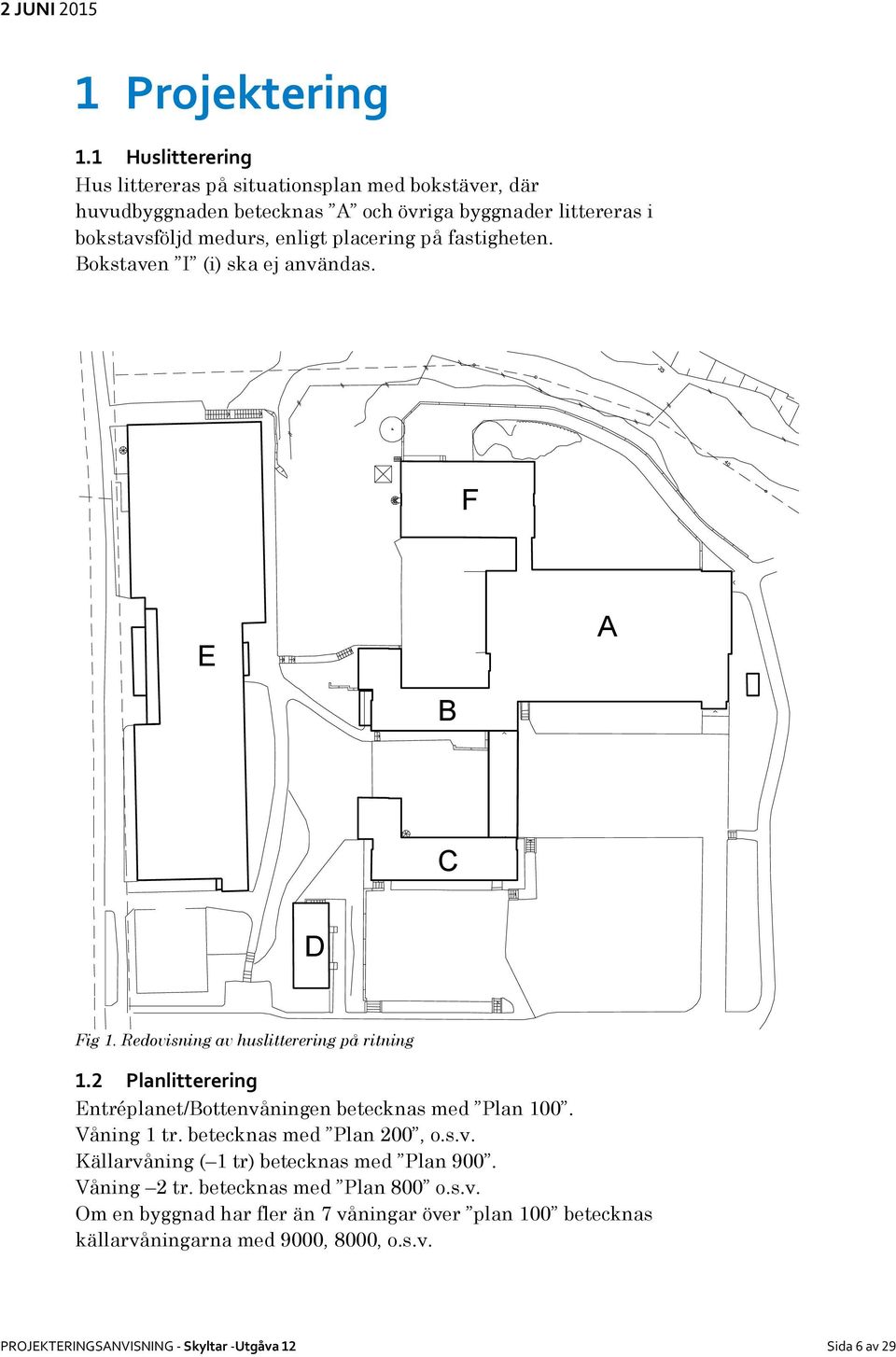 placering på fastigheten. Bokstaven I (i) ska ej användas. F E A B C D Fig 1. Redovisning av huslitterering på ritning 1.