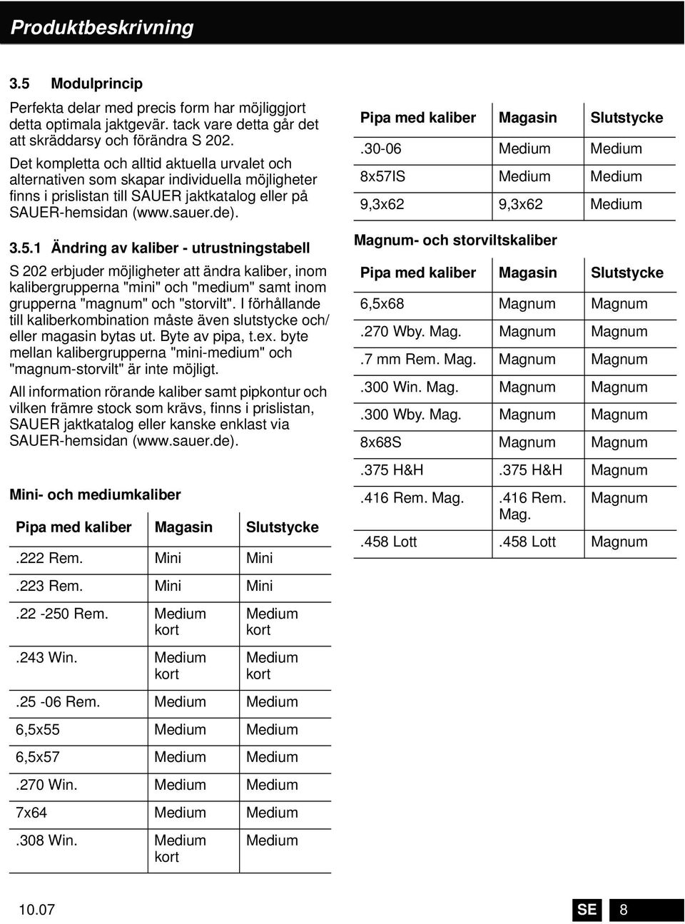 1 Ändring av kaliber - utrustningstabell S 202 erbjuder möjligheter att ändra kaliber, inom kalibergrupperna "mini" och "medium" samt inom grupperna "magnum" och "storvilt".