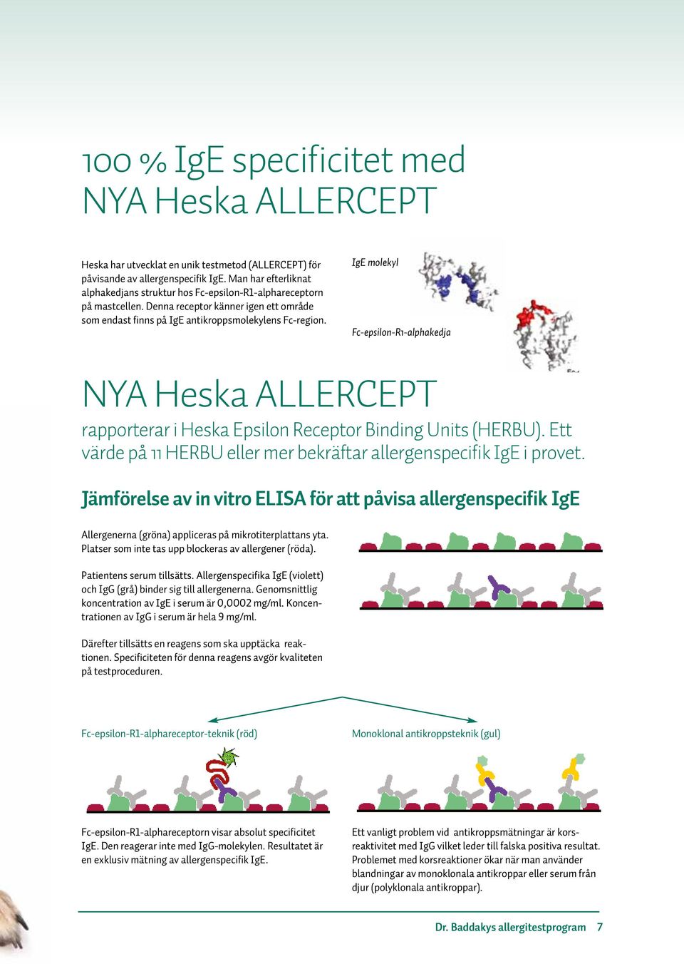 IgE molekyl Fc-epsilon-R1-alphakedja NYA Heska ALLERCEPT rapporterar i Heska Epsilon Receptor Binding Units (HERBU). Ett värde på 11 HERBU eller mer bekräftar allergenspecifik IgE i provet.