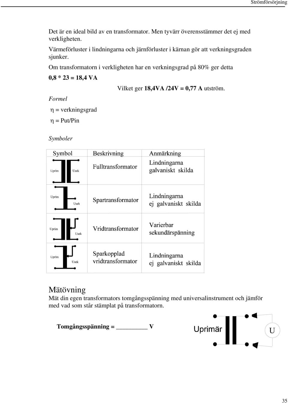 Om transformatorn i verkligheten har en verkningsgrad på 80% ger detta 0,8 * 23 = 18,4 VA Formel η = verkningsgrad η = Put/Pin