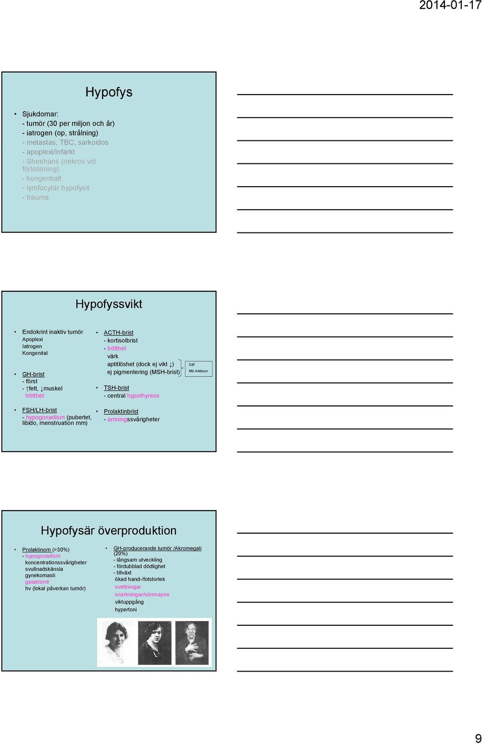 (MSH-brist) TSH-brist - central hypothyreos Diff Mb Addison FSH/LH-brist - hypogonadism (pubertet, libido, menstruation mm) Prolaktinbrist - amningssvårigheter Hypofysär överproduktion Prolaktinom