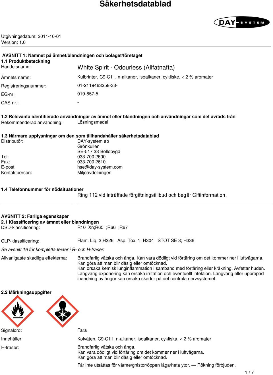 blandningen och användningar som det avråds från Rekommenderad användning: Lösningsmedel 13 Närmare upplysningar om den som tillhandahåller säkerhetsdatablad Distributör: DAY-system ab Grönkullen