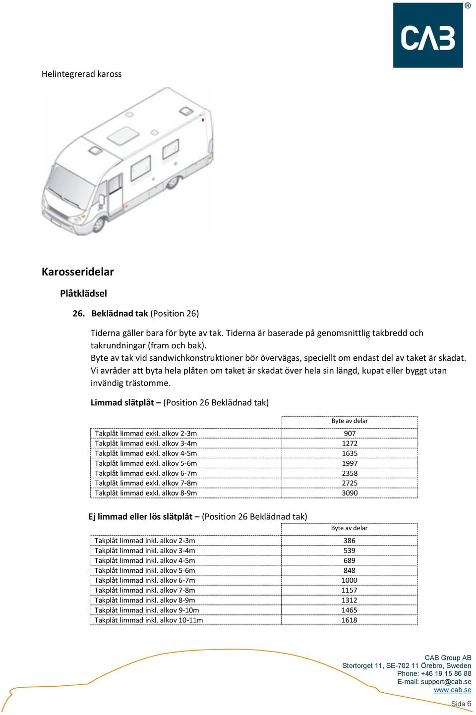 Vi avråder att byta hela plåten om taket är skadat över hela sin längd, kupat eller byggt utan invändig trästomme. Limmad slätplåt (Position 26 Beklädnad tak) Byte Takplåt limmad exkl.