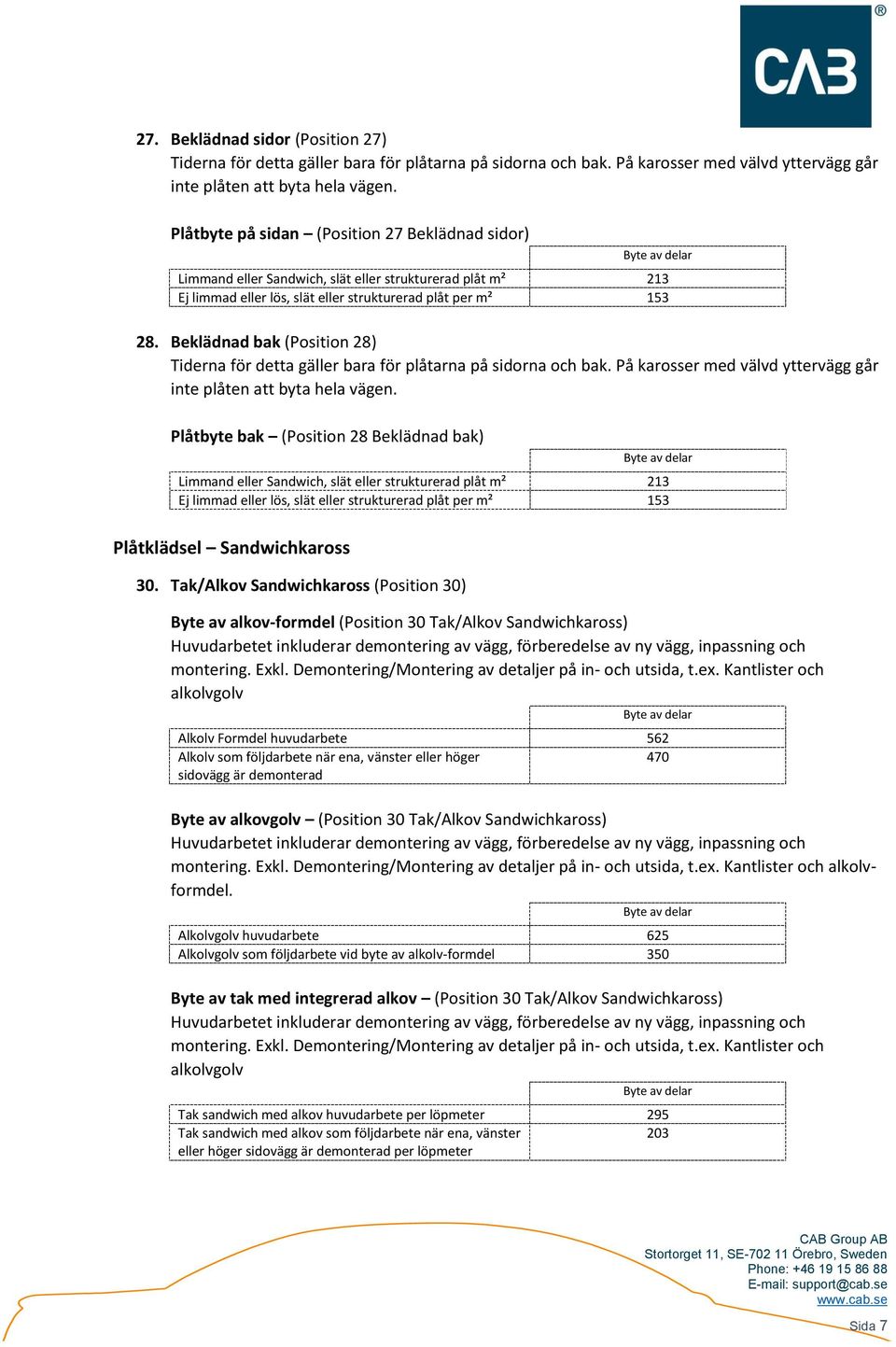 Beklädnad bak (Position 28) Tiderna för detta gäller bara för plåtarna på sidorna och bak. På karosser med välvd yttervägg går inte plåten att byta hela vägen.