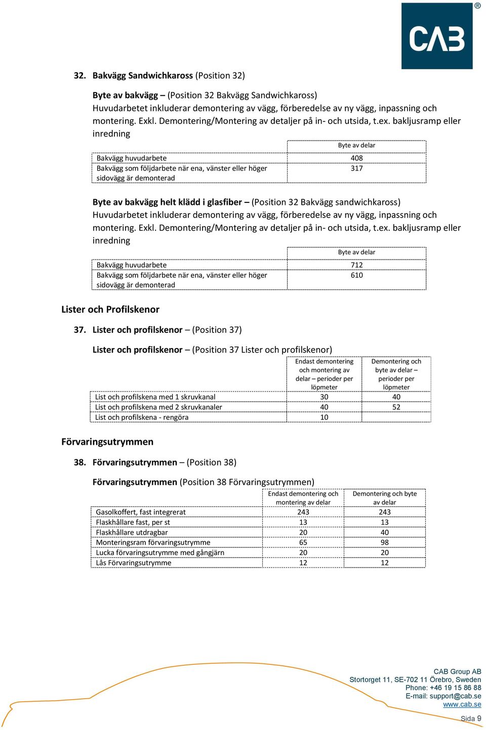 bakljusramp eller inredning Byte Bakvägg huvudarbete 408 Bakvägg som följdarbete när ena, vänster eller höger 317 sidovägg är demonterad Byte av bakvägg helt klädd i glasfiber (Position 32 Bakvägg