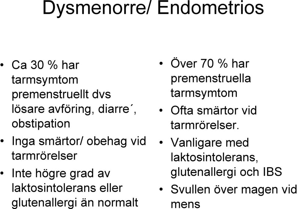 laktosintolerans eller glutenallergi än normalt Över 70 % har premenstruella tarmsymtom