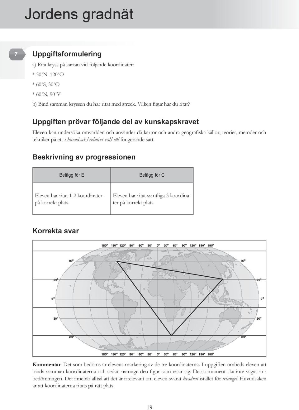 Uppgiften prövar följande del av kunskapskravet Eleven kan undersöka omvärlden och använder då kartor och andra geografiska källor, teorier, metoder och tekniker på ett i huvudsak/relativt väl/väl