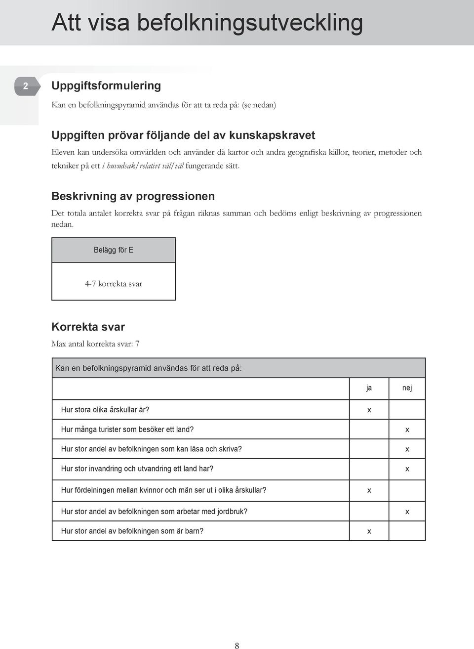 Beskrivning av progressionen Det totala antalet korrekta svar på frågan räknas samman och bedöms enligt beskrivning av progressionen nedan.