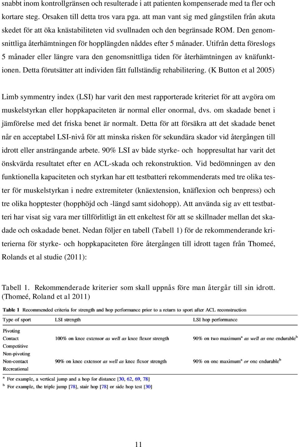 Utifrån detta föreslogs 5 månader eller längre vara den genomsnittliga tiden för återhämtningen av knäfunktionen. Detta förutsätter att individen fått fullständig rehabilitering.