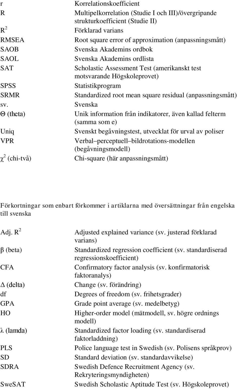 (anpassningsmått) Svenska Akademins ordbok Svenska Akademins ordlista Scholastic Assessment Test (amerikanskt test motsvarande Högskoleprovet) Statistikprogram Standardized root mean square residual