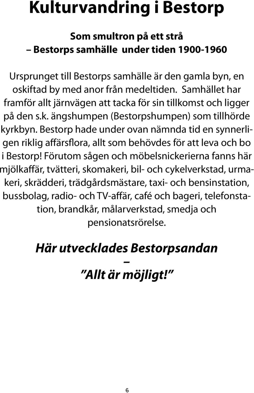 Bestorp hade under ovan nämnda tid en synnerligen riklig affärsflora, allt som behövdes för att leva och bo i Bestorp!