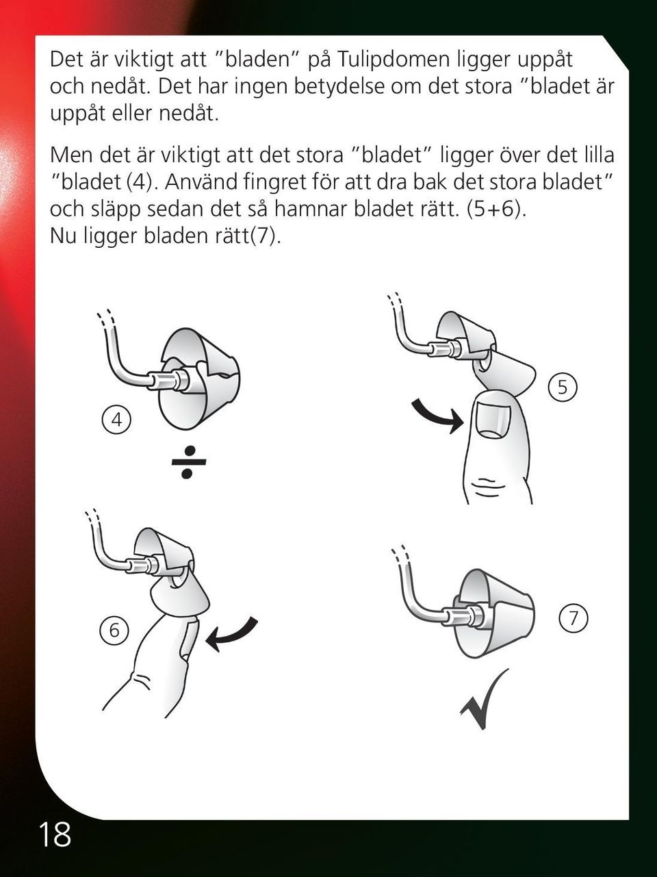 Men det är viktigt att det stora bladet ligger över det lilla bladet (4).