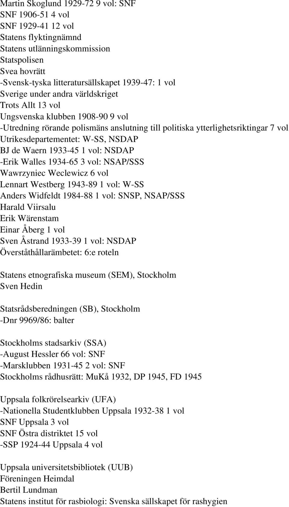 NSDAP BJ de Waern 1933-45 1 vol: NSDAP -Erik Walles 1934-65 3 vol: NSAP/SSS Wawrzyniec Weclewicz 6 vol Lennart Westberg 1943-89 1 vol: W-SS Anders Widfeldt 1984-88 1 vol: SNSP, NSAP/SSS Harald