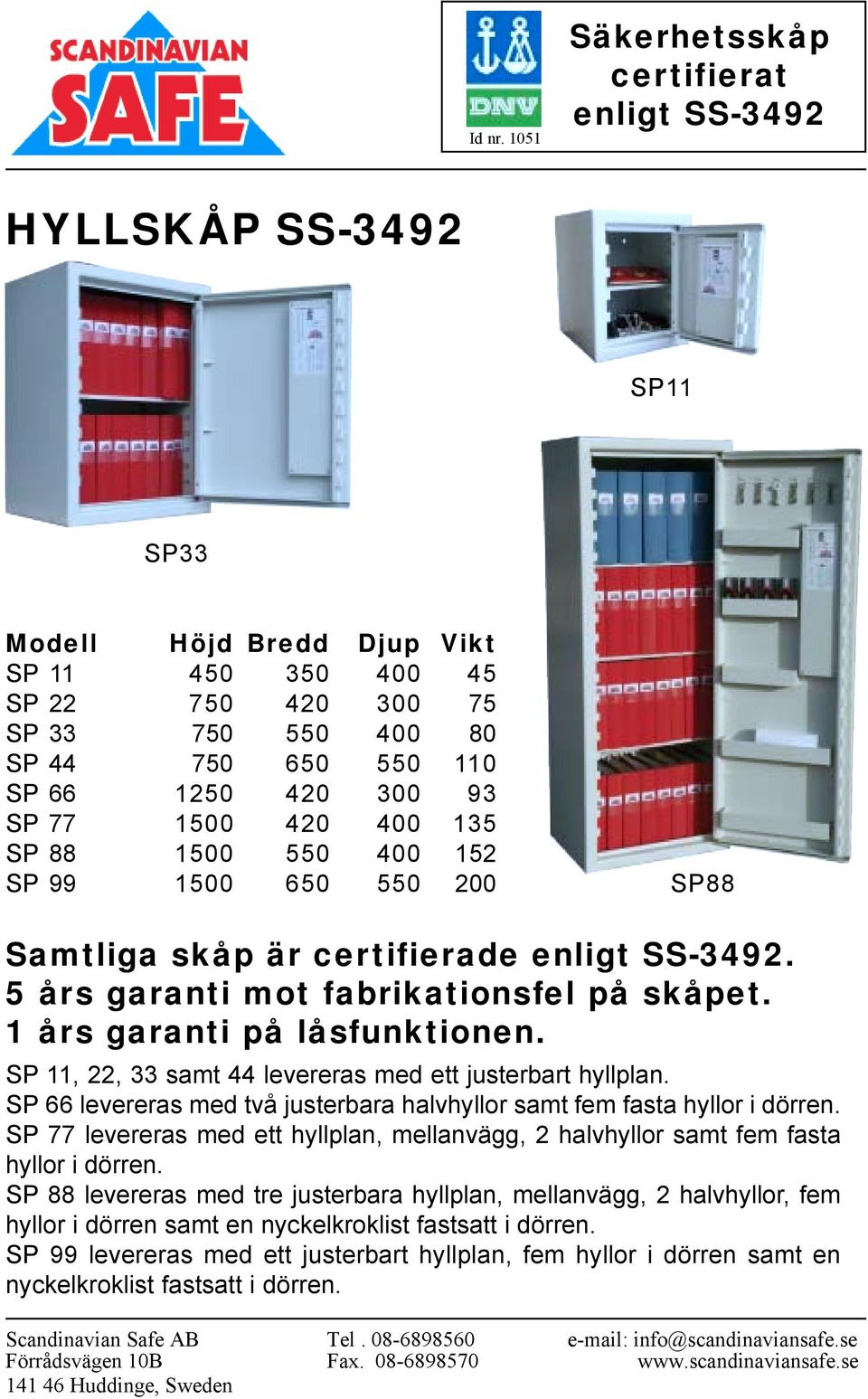 SP 11, 22, 33 samt 44 levereras med ett justerbart hyllplan. SP 66 levereras med två justerbara halvhyllor samt fem fasta hyllor i dörren.