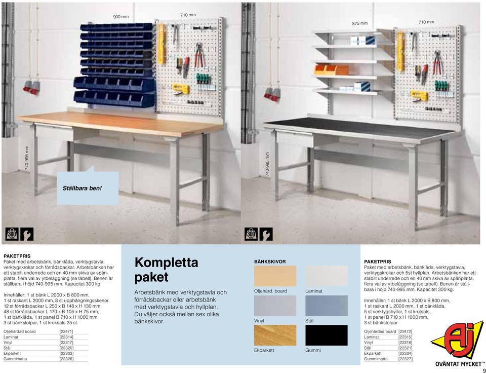 Innehåller: 1 st bänk L 2000 x B 800 mm, 1 st raskant L 2000 mm, 8 st upphängningsskenor, 12 st förrådsbackar L 250 x B 148 x H 130 mm, 48 st förrådsbackar L 170 x B 105 x H 75 mm, 1 st bänklåda, 1