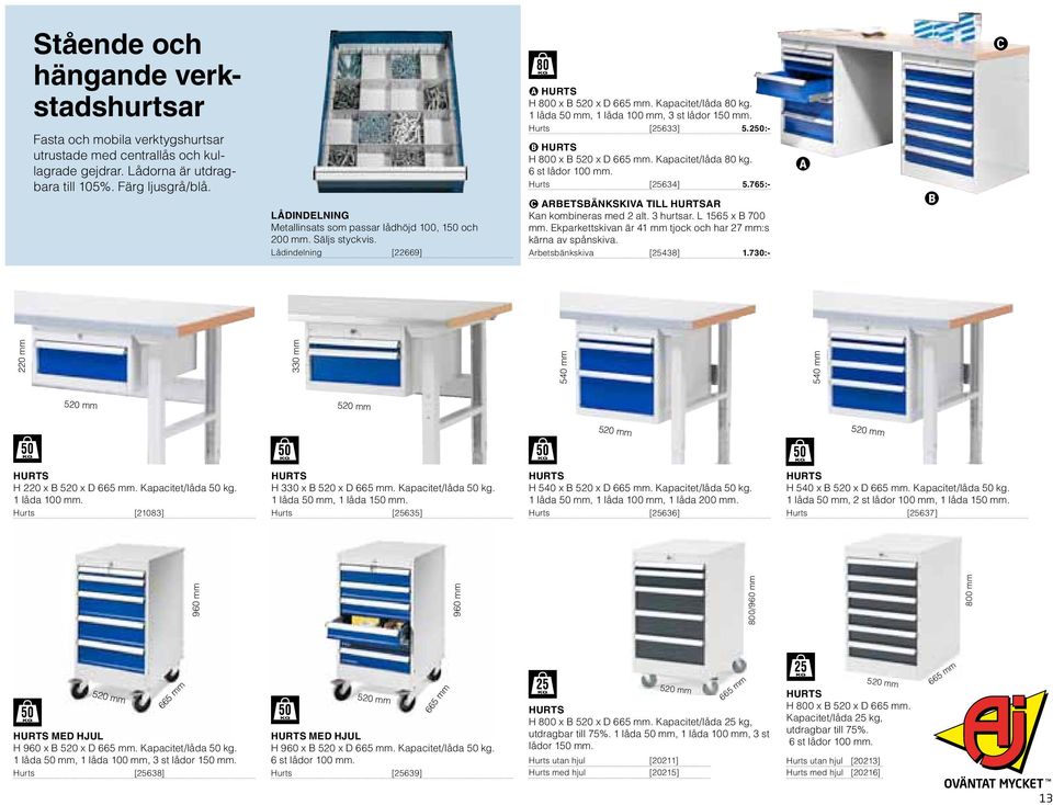 1 låda 50 mm, 1 låda 100 mm, 3 st lådor 150 mm. Hurts [25633] 5.250:- B Hurts H 800 x B 520 x D 665 mm. Kapacitet/låda 80 kg. 6 st lådor 100 mm. Hurts [25634] 5.