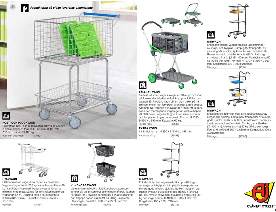 Maxbelastning 50 kg (10 kg per korg). Format: H 1070 x B 360 x L 660 mm. Korgstorlek 400 x 300 x 210 mm. Minivagn [13741] Post- och plockvagn Förkromad post- och plockvagn med fyra st 125 mm länkhjul.