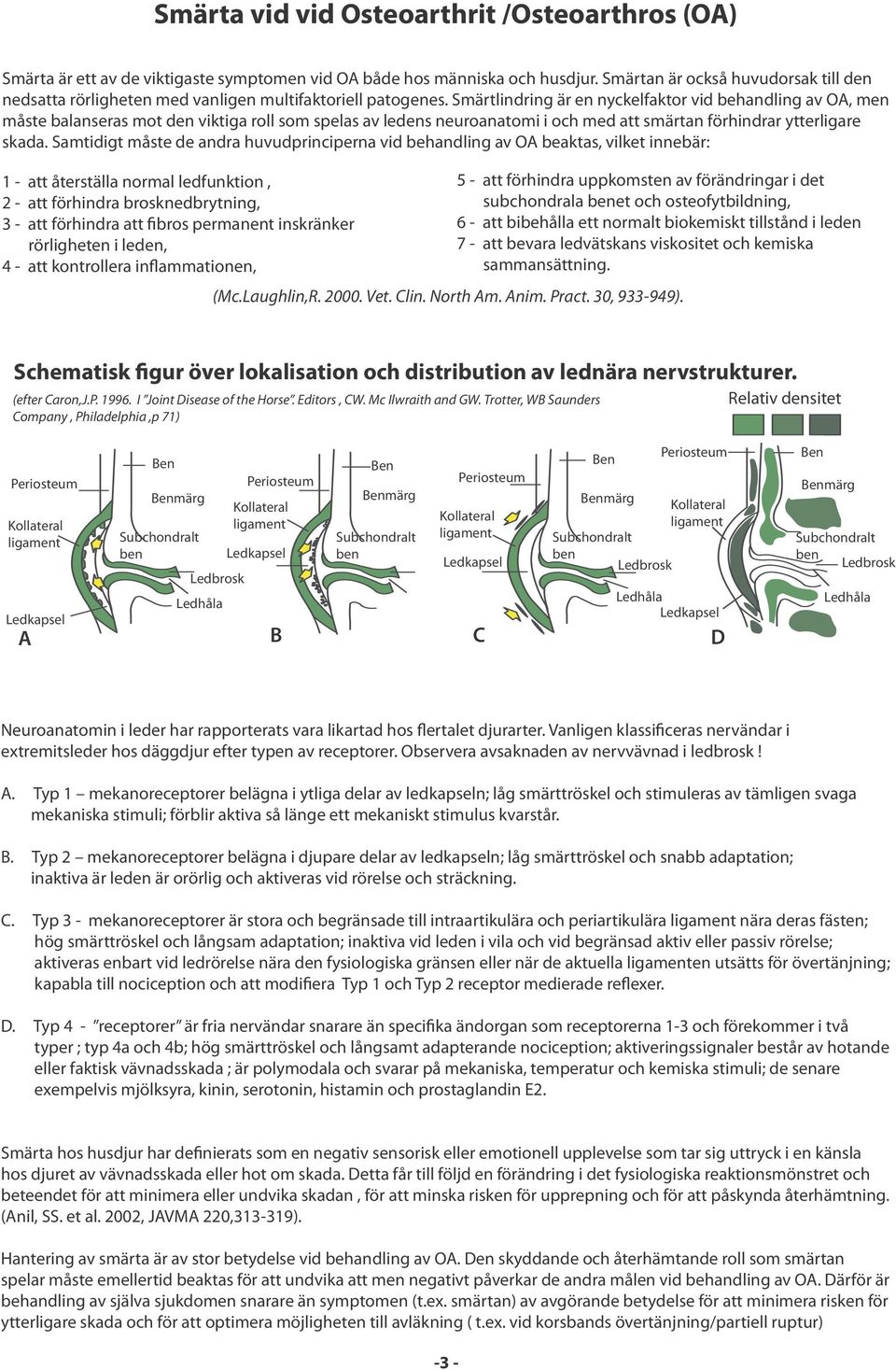 Smärtlindring är en nyckelfaktor vid behandling av OA, men måste balanseras mot den viktiga roll som spelas av ledens neuroanatomi i och med att smärtan förhindrar ytterligare skada.