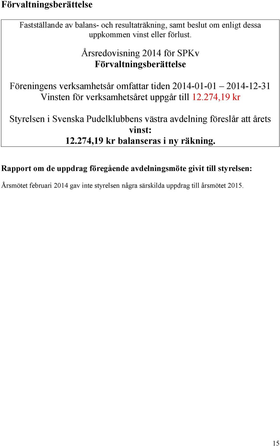 uppgår till 12.274,19 kr Styrelsen i Svenska Pudelklubbens västra avdelning föreslår att årets vinst: 12.274,19 kr balanseras i ny räkning.