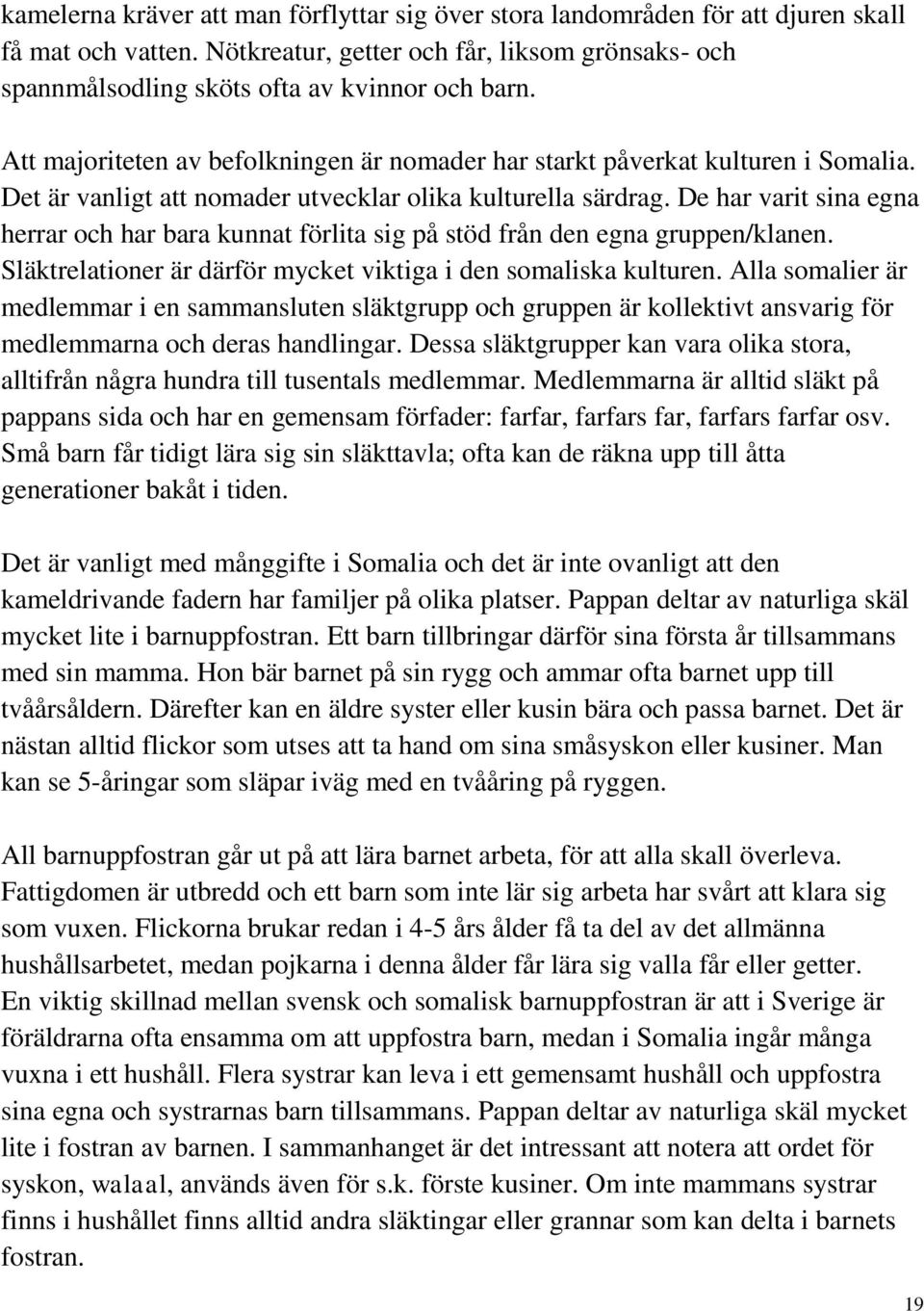 De har varit sina egna herrar och har bara kunnat förlita sig på stöd från den egna gruppen/klanen. Släktrelationer är därför mycket viktiga i den somaliska kulturen.