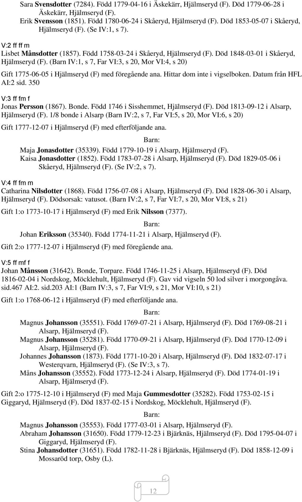 (Barn IV:1, s 7, Far VI:3, s 20, Mor VI:4, s 20) Gift 1775-06-05 i Hjälmseryd (F) med föregående ana. Hittar dom inte i vigselboken. Datum från HFL AI:2 sid. 350 V:3 ff fm f Jonas Persson (1867).