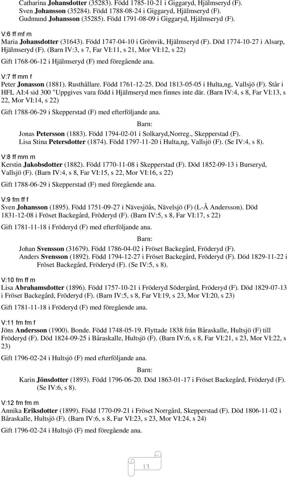 (Barn IV:3, s 7, Far VI:11, s 21, Mor VI:12, s 22) Gift 1768-06-12 i Hjälmseryd (F) med föregående ana. V:7 ff mm f Peter Jonasson (1881). Rusthållare. Född 1761-12-25.