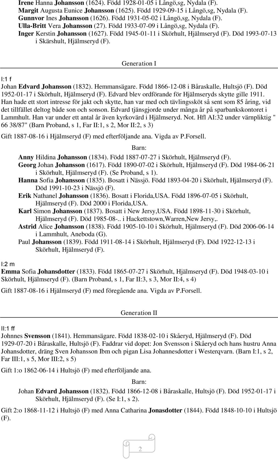 Död 1993-07-13 i Skärshult, Hjälmseryd (F). Generation I I:1 f Johan Edvard Johansson (1832). Hemmansägare. Född 1866-12-08 i Båraskalle, Hultsjö (F). Död 1952-01-17 i Skörhult, Hjälmseryd (F).