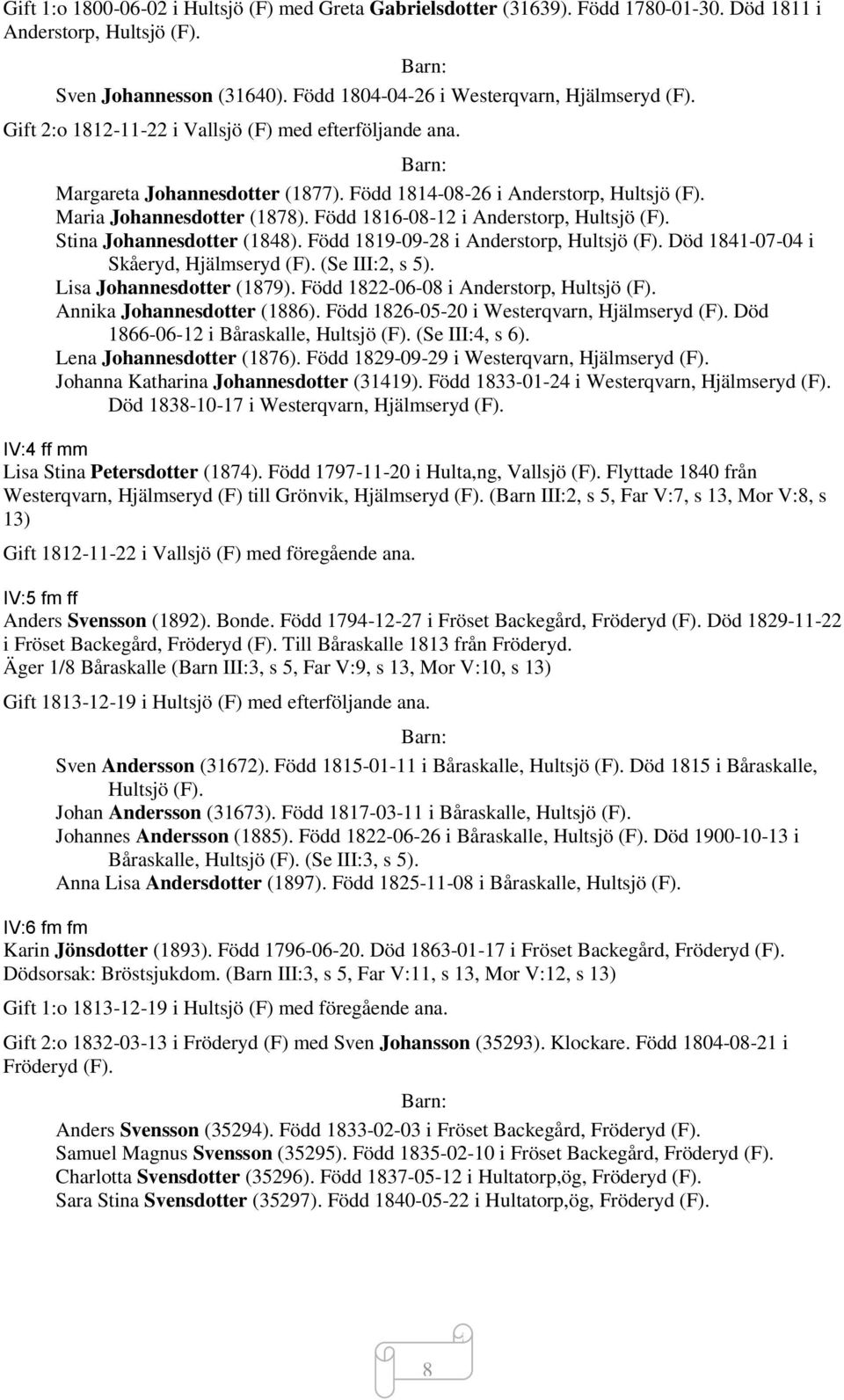 Född 1816-08-12 i Anderstorp, Hultsjö (F). Stina Johannesdotter (1848). Född 1819-09-28 i Anderstorp, Hultsjö (F). Död 1841-07-04 i Skåeryd, Hjälmseryd (F). (Se III:2, s 5).