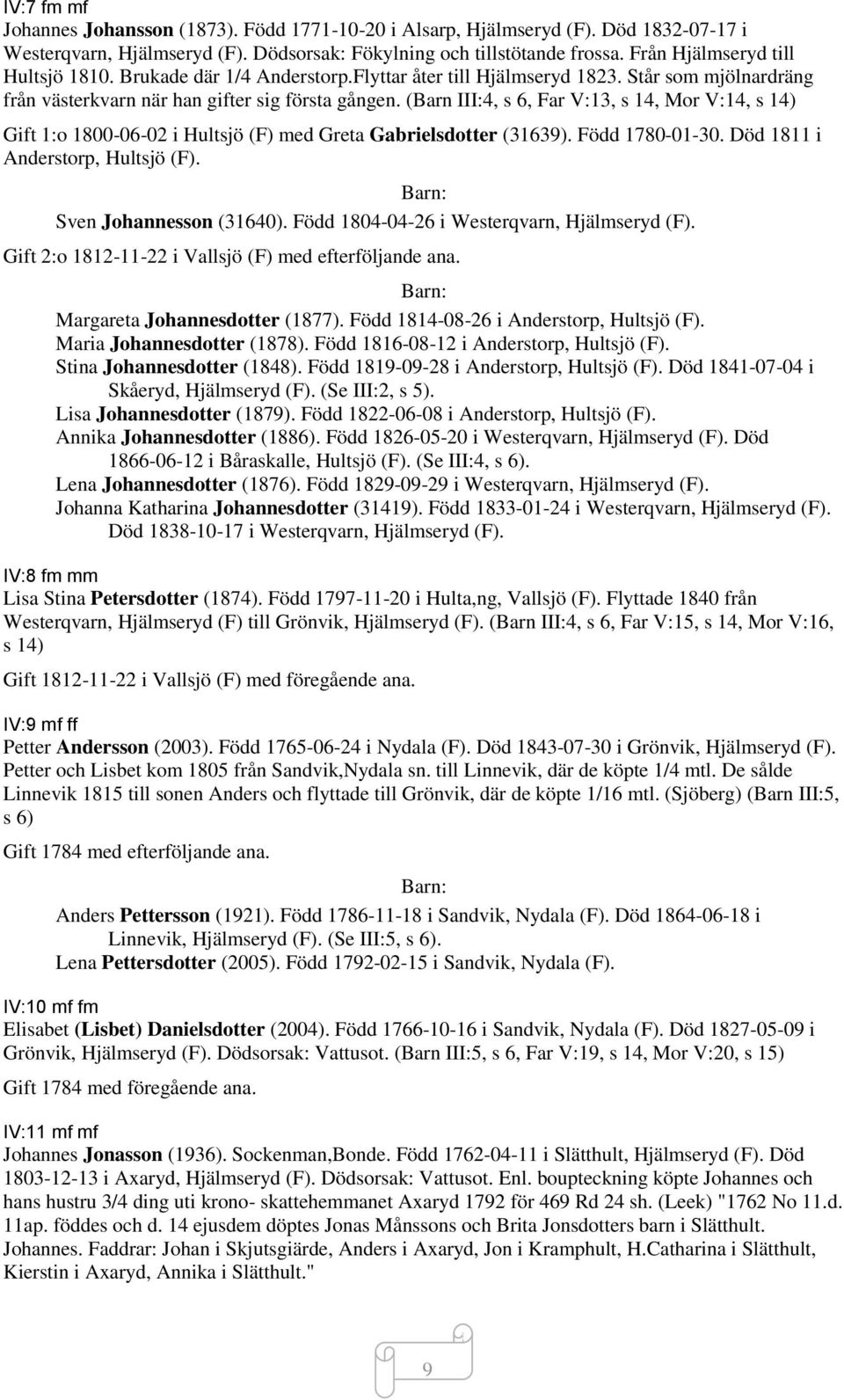 (Barn III:4, s 6, Far V:13, s 14, Mor V:14, s 14) Gift 1:o 1800-06-02 i Hultsjö (F) med Greta Gabrielsdotter (31639). Född 1780-01-30. Död 1811 i Anderstorp, Hultsjö (F). Sven Johannesson (31640).