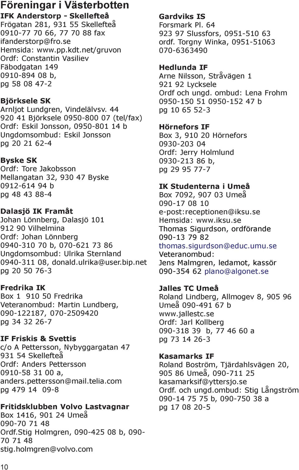 44 920 41 Björksele 0950-800 07 (tel/fax) Ordf: Eskil Jonsson, 0950-801 14 b Ungdomsombud: Eskil Jonsson pg 20 21 62-4 Byske SK Ordf: Tore Jakobsson Mellangatan 32, 930 47 Byske 0912-614 94 b pg 48