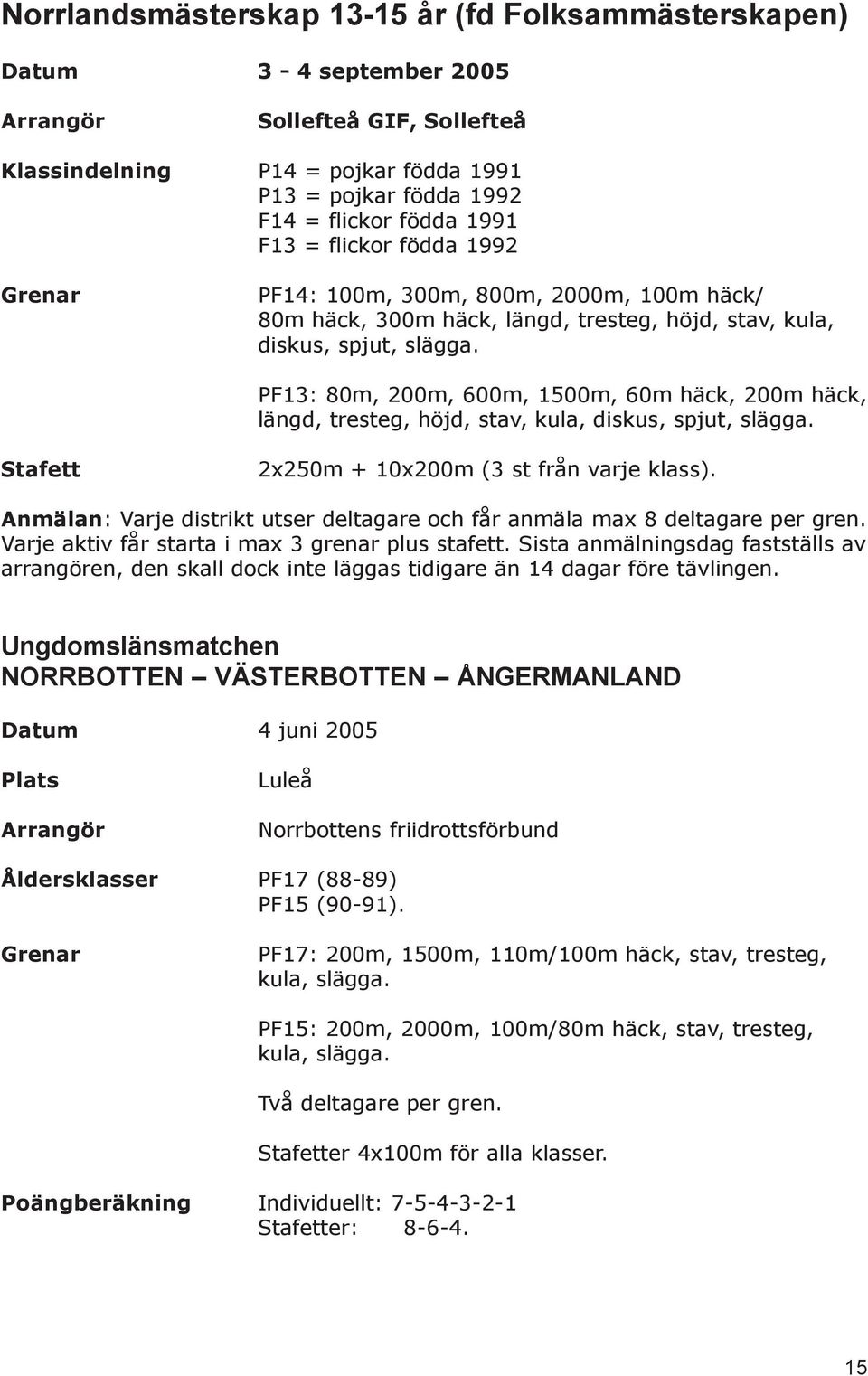 PF13: 80m, 200m, 600m, 1500m, 60m häck, 200m häck, längd, tresteg, höjd, stav, kula, diskus, spjut, slägga. Stafett 2x250m + 10x200m (3 st från varje klass).