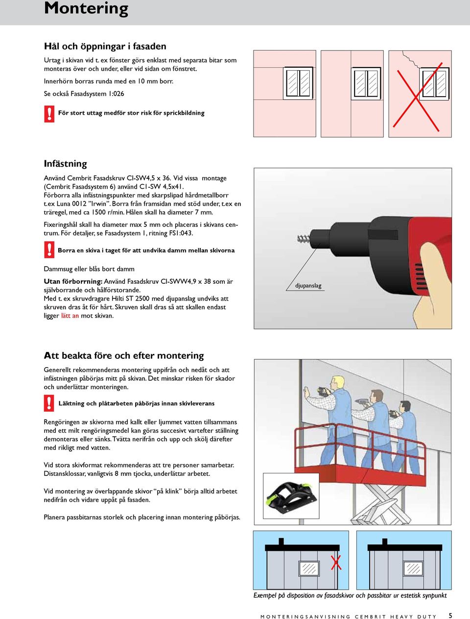 Vid vissa montage (Cembrit Fasadsystem 6) använd C1-SW 4,5x41. Förborra alla infästningspunkter med skarpslipad hårdmetallborr t.ex Luna 0012 Irwin. Borra från framsidan med stöd under, t.