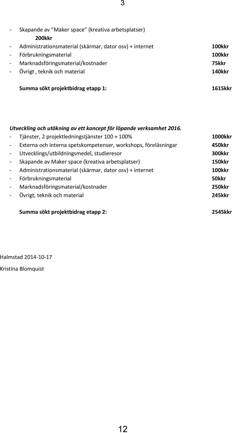 Tjänster, 2 projektledningstjänster 100 + 100% 1000kkr Externa och interna spetskompetenser, workshops, föreläsningar 450kkr Utvecklings/utbildningsmedel, studieresor 300kkr Skapande av Maker space