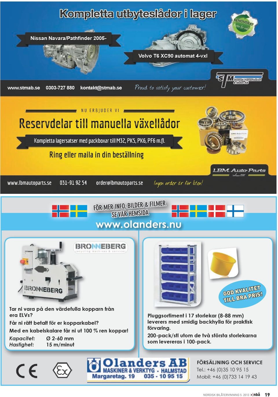 se 031-91 92 54 order@lbmautoparts.se Ingen order är för liten! För mer info, bilder & Filmer se vår hemsida www.olanders.nu Tar ni vara på den värdefulla kopparn från era elvs?