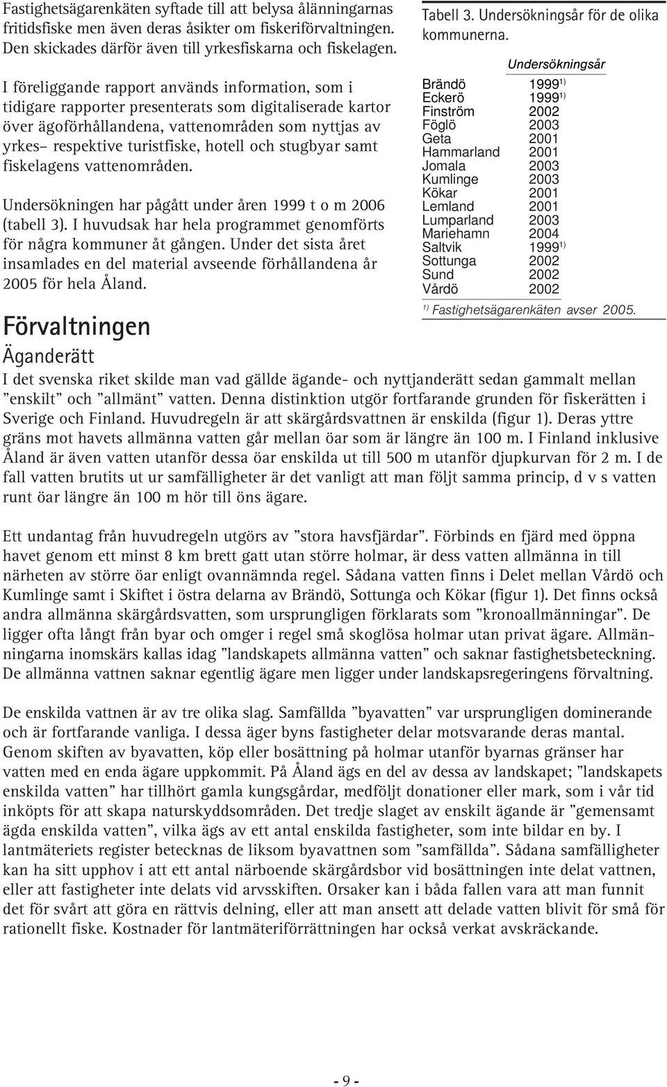 och stugbyar samt fiskelagens vattenområden. Undersökningen har pågått under åren 1999 t o m 2006 (tabell 3). I huvudsak har hela programmet genomförts för några kommuner åt gången.