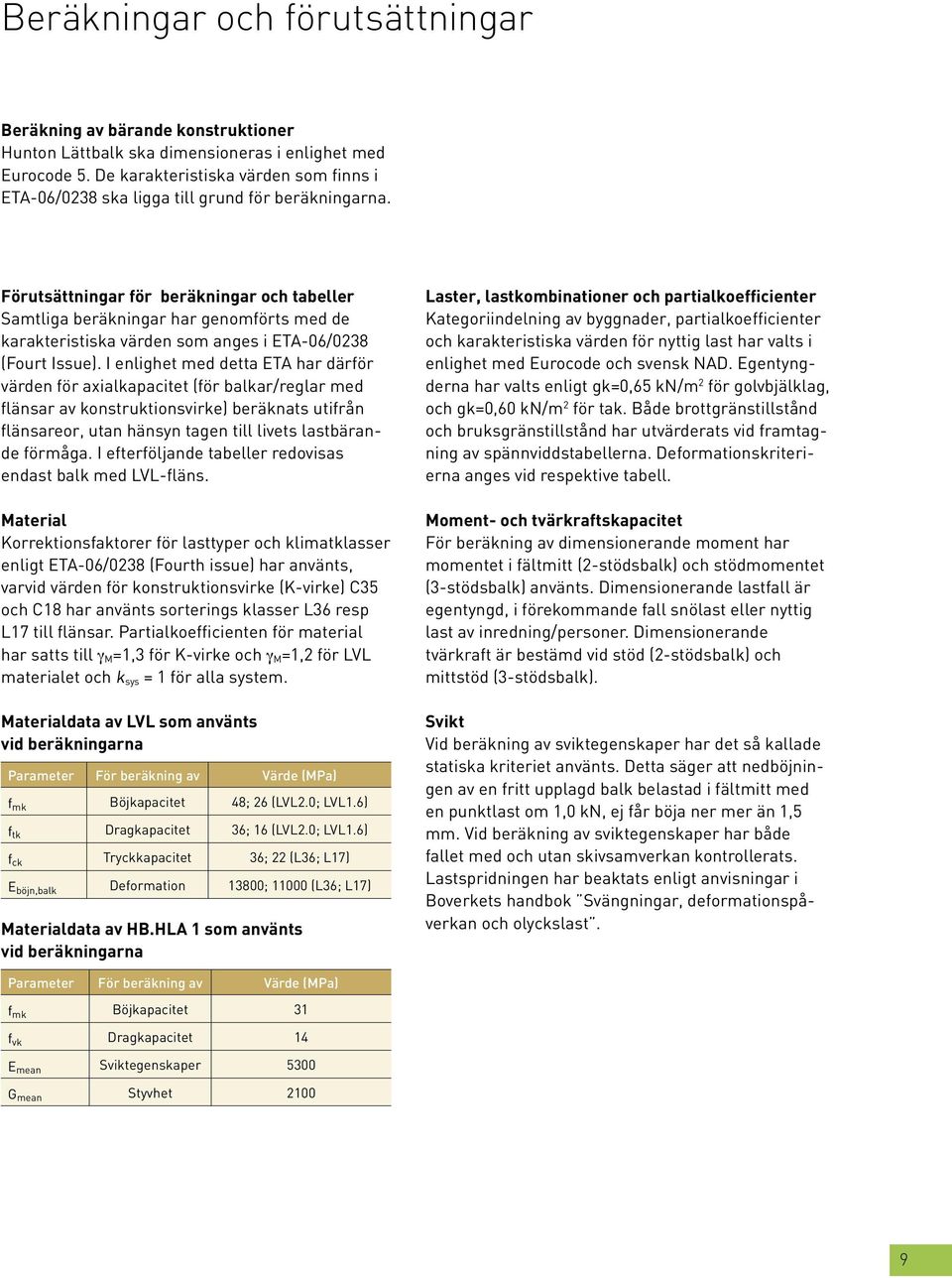 Förutsättningar för beräkningar och tabeller Samtliga beräkningar har genomförts med de karakteristiska värden som anges i ETA-06/0238 (Fourt Issue).