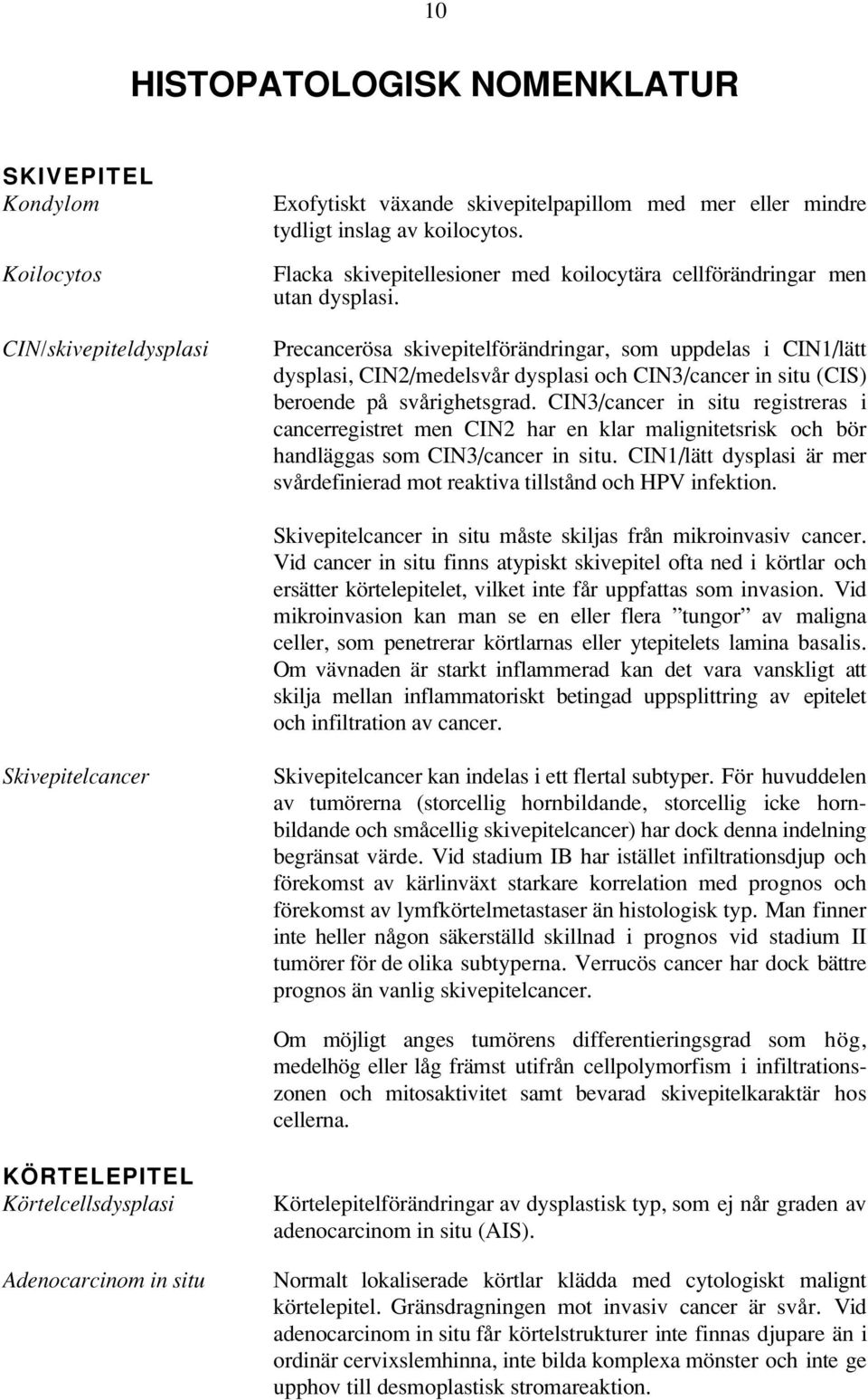 Precancerösa skivepitelförändringar, som uppdelas i CIN1/lätt dysplasi, CIN2/medelsvår dysplasi och CIN3/cancer in situ (CIS) beroende på svårighetsgrad.