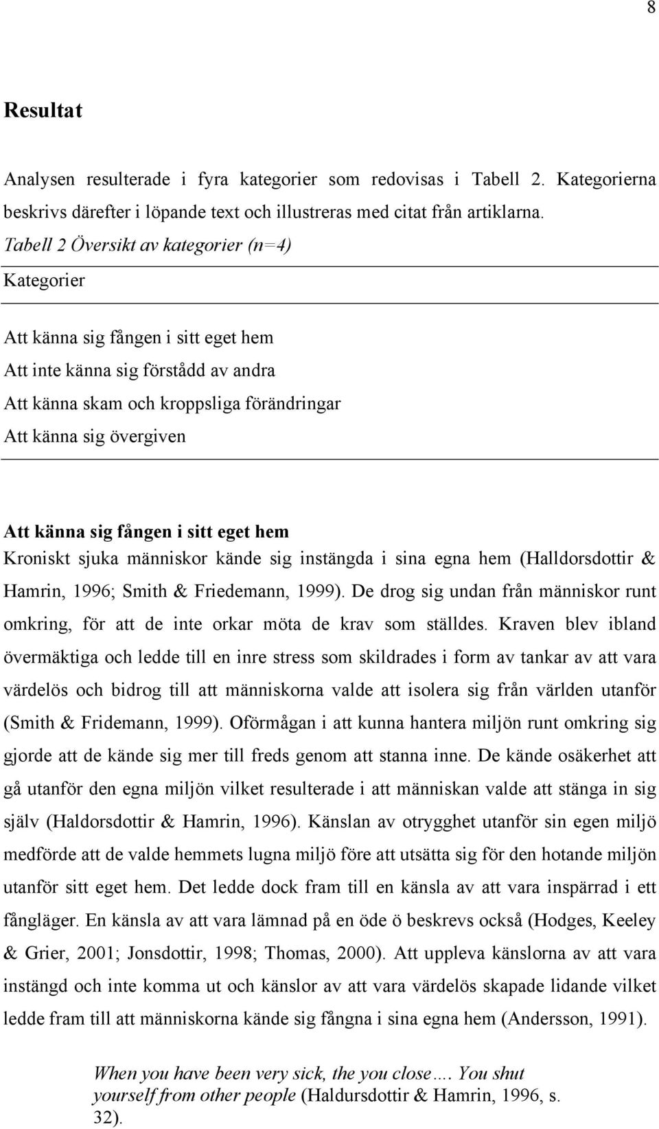 sig fången i sitt eget hem Kroniskt sjuka människor kände sig instängda i sina egna hem (Halldorsdottir & Hamrin, 1996; Smith & Friedemann, 1999).