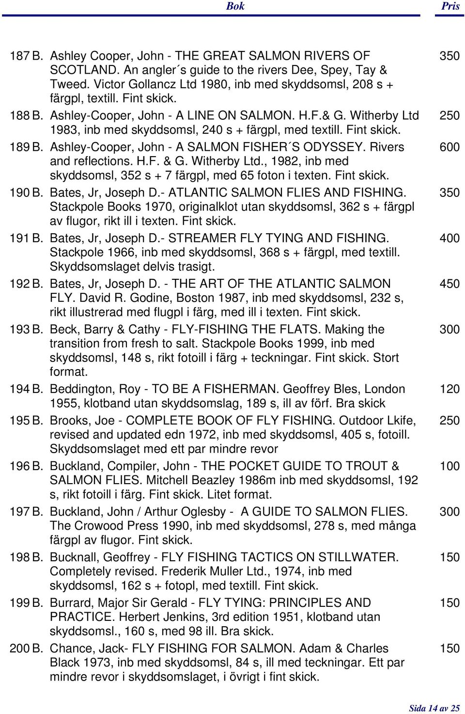 Rivers 600 and reflections. H.F. & G. Witherby Ltd., 1982, inb med skyddsomsl, 352 s + 7 färgpl, med 65 foton i texten. Fint 190 B. Bates, Jr, Joseph D.- ATLANTIC SALMON FLIES AND FISHING.