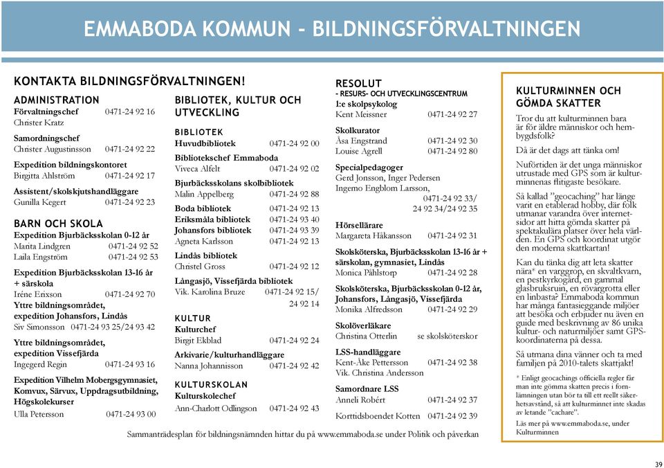 Assistent/skolskjutshandläggare Gunilla Kegert 0471-24 92 23 Barn och skola Expedition Bjurbäcksskolan 0-12 år Marita Lindgren 0471-24 92 52 Laila Engström 0471-24 92 53 Expedition Bjurbäcksskolan