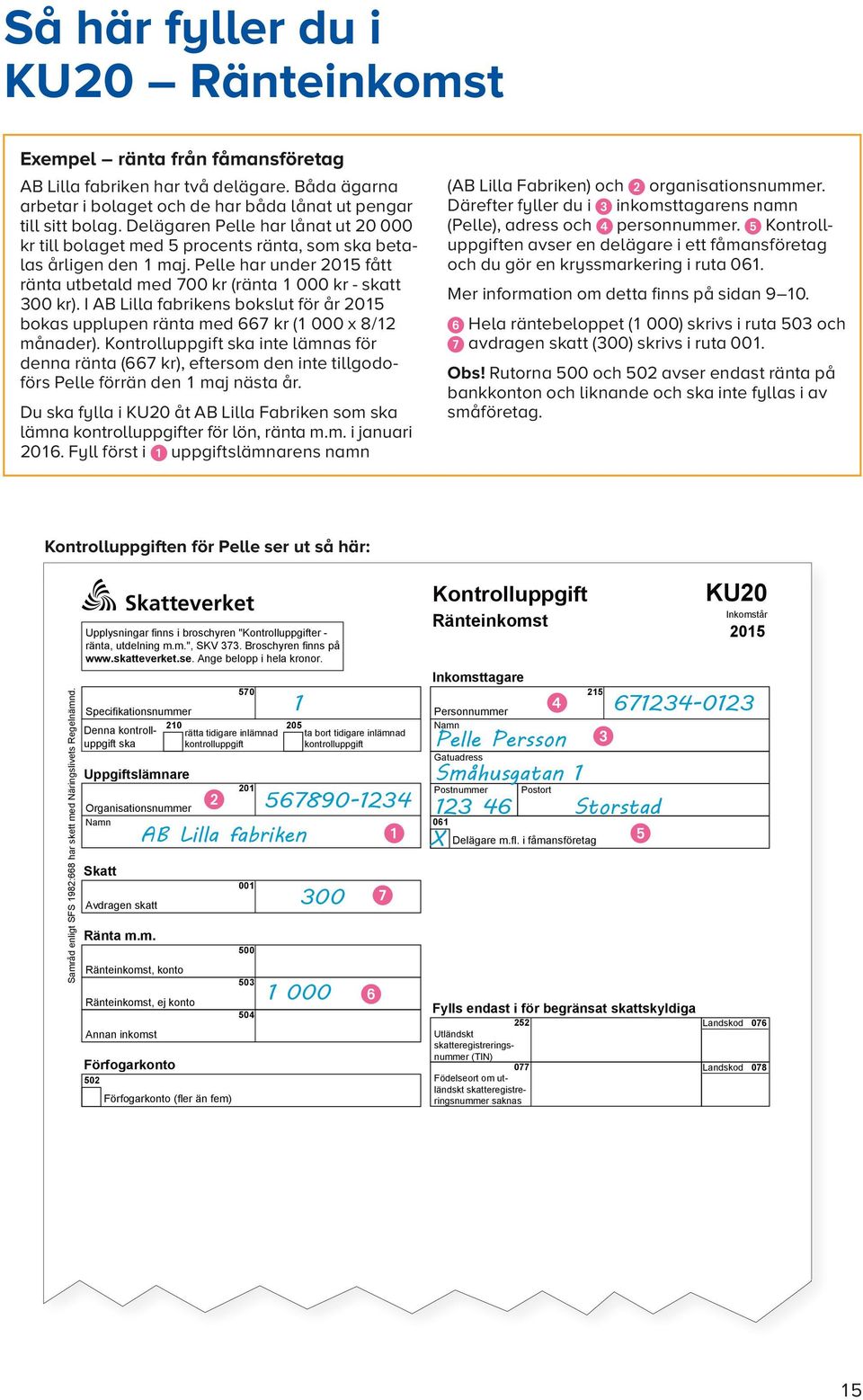 I AB Lilla fabrikens bokslut för år 2015 bokas upp lupen ränta med 667 kr (1 000 x 8/12 månader).